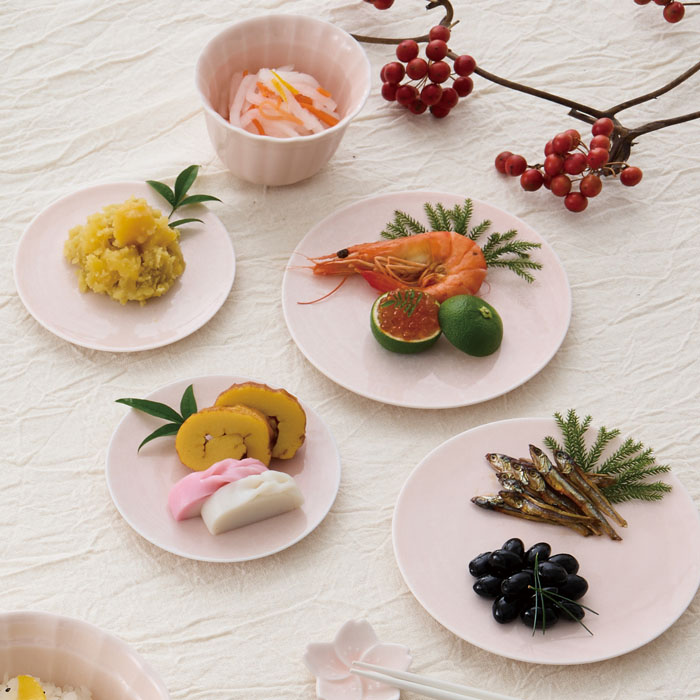 casane te（かさね茶器）菓子皿・茶たく　小桜柄・桜柄　桃釉　おせち盛り付けイメージ