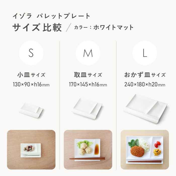 パレットプレートホワイトマット　SMLサイズ比較